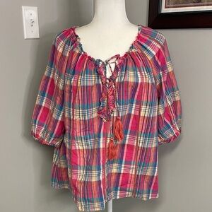 Sundance Tender Plaid tie neck ruffle blouse size large pink blue boho feminine